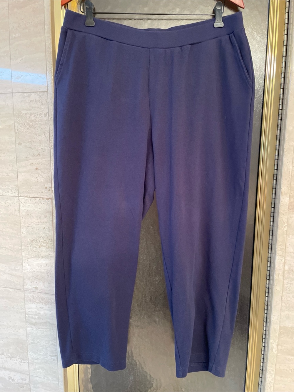 Women’s Essentials Dark Blue Stretch knit Pants Size 14/16 Petite- Side Pockets